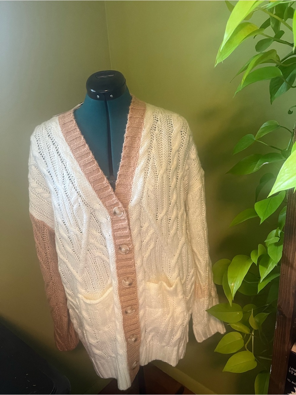 Cider Cream Cable Knit Cardigan with Tan Trim